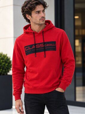 Cavalli Class Men's Red Pullover Hoodie Black Logo Graphic Size M